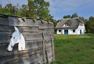 Ferienhaus mit Reetdach, großem Grundstück und Privatweg zum Hafen